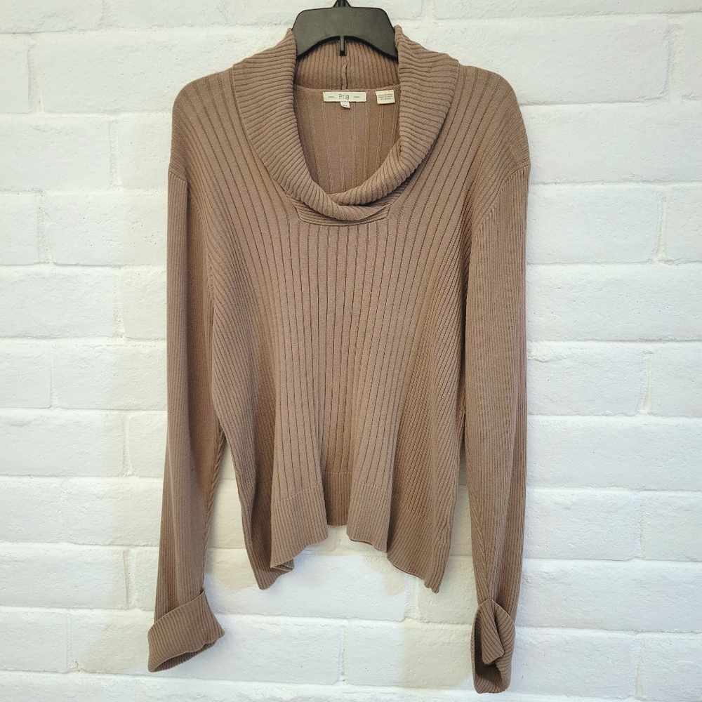 XL Tan Pria Cowl Neck Ribbed Sweater 100% Cotton